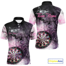 Load image into Gallery viewer, Pink butterfly smoke darts polo shirt with left chest pocket for men featuring custom darts team graphics.