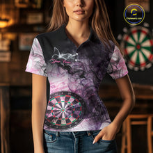 Load image into Gallery viewer, Woman wearing a pink butterfly smoke darts jersey front view.