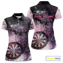 Load image into Gallery viewer, Pink butterfly smoke darts polo shirt for women with custom darts team graphics.