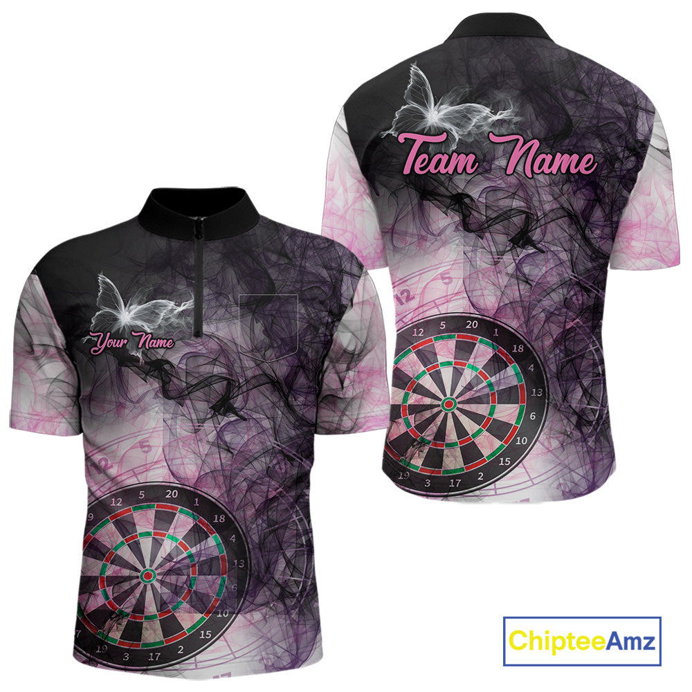 Pink butterfly smoke darts quarter zip shirt with left chest pocket for men featuring custom darts team graphics.