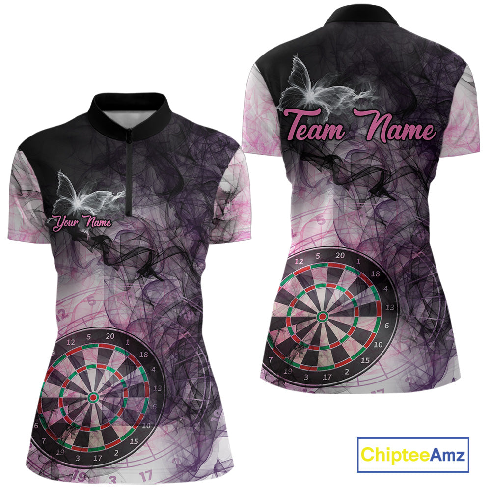 Pink butterfly smoke darts quarter zip shirt for women designed for league tournaments and team events.