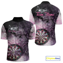 Load image into Gallery viewer, Pink butterfly smoke darts quarter zip shirt for men designed for league tournaments and team events.