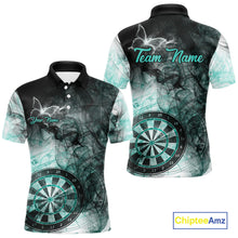 Load image into Gallery viewer, Turquoise butterfly smoke darts polo shirt with left chest pocket for men featuring custom darts team graphics.