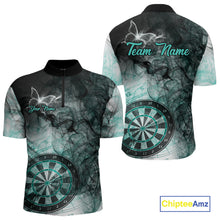 Load image into Gallery viewer, Turquoise butterfly smoke darts quarter zip shirt for men designed for league tournaments and team events.