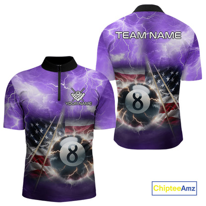 Purple American Flag Thunder Lightning 8 Ball Billiard Shirt For Men Custom Pool Team Jersey TDM4611