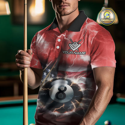 Red American Flag Thunder Lightning 8 Ball Pool Billiard Shirt For Men Custom Billiard Team Jersey TDM4612