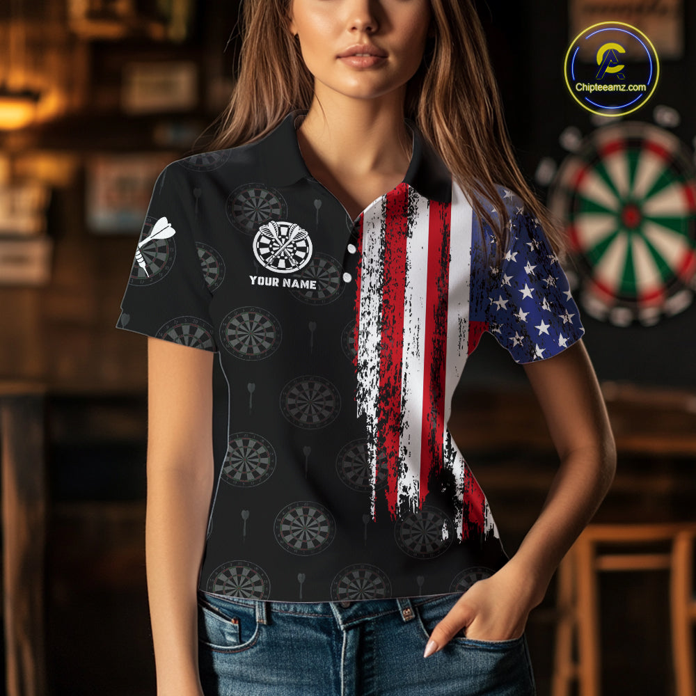 Personalized Grunge American Flag Dart Polo & Quarter Zip For Women Custom Patriotic Darts Jerseys TDM4618