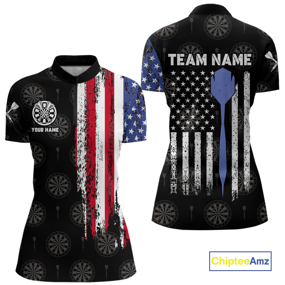 Personalized Grunge American Flag Dart Polo & Quarter Zip For Women Custom Patriotic Darts Jerseys TDM4618