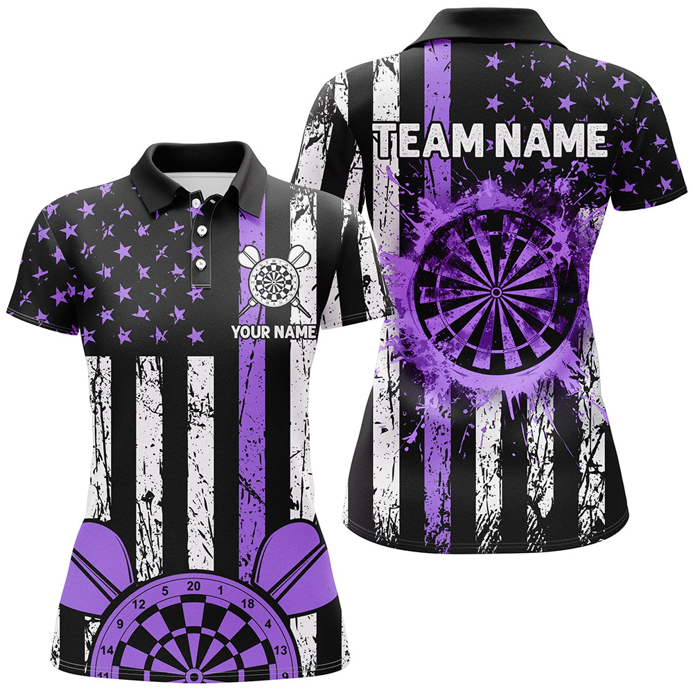 Custom Purple Grunge US Flag Patriotic Darts Shirts For Women, Darts Tournament Jerseys Retro Style TDM2533