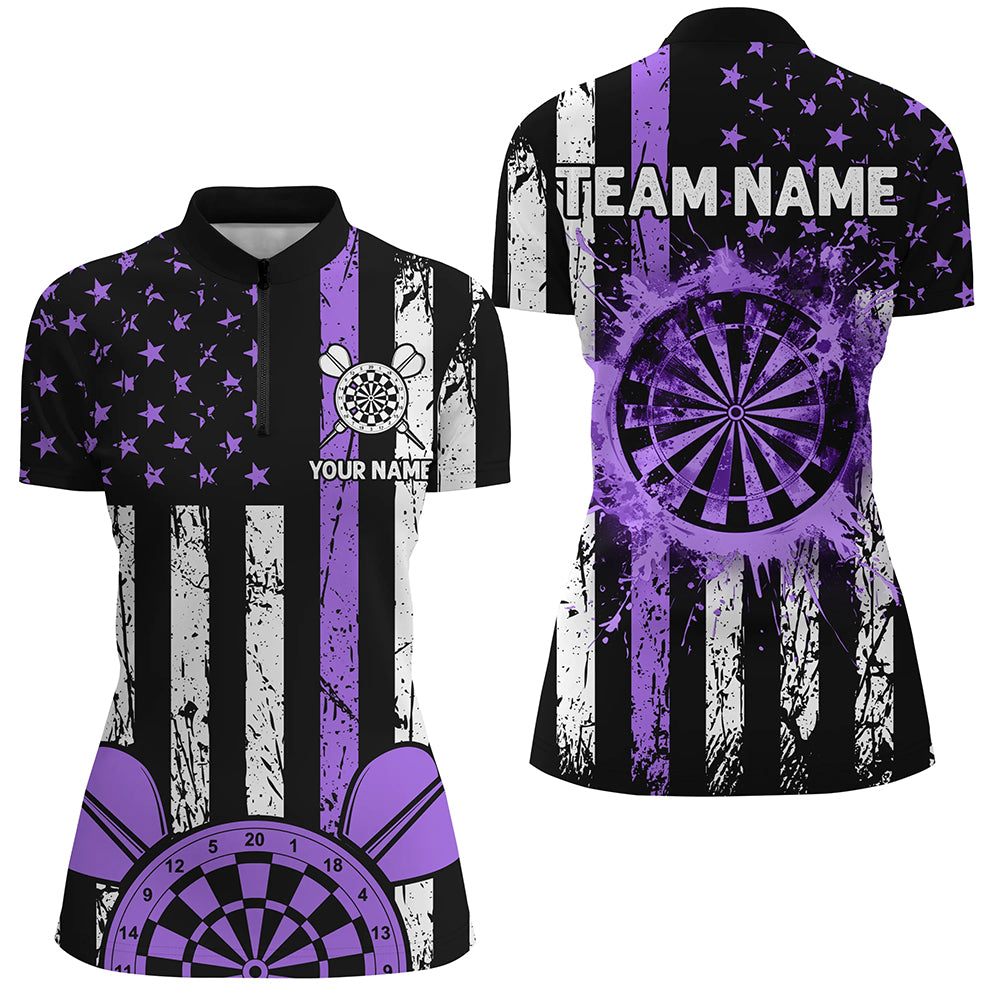 Custom Purple Grunge US Flag Patriotic Darts Shirts For Women, Darts Tournament Jerseys Retro Style TDM2533