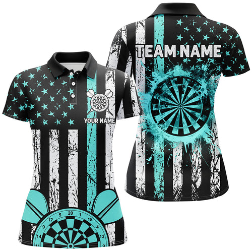 Custom Turquoise Grunge US Flag Patriotic Darts Shirts For Women, Darts Tournament Jersey Retro Style TDM2534