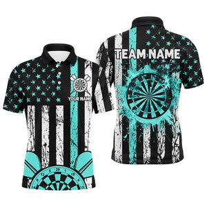 Custom Turquoise Grunge US Flag Patriotic Darts Shirts For Men, Darts Tournament Jersey Retro Style TDM2534