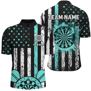 Custom Turquoise Grunge US Flag Patriotic Darts Shirts For Men, Darts Tournament Jersey Retro Style TDM2534