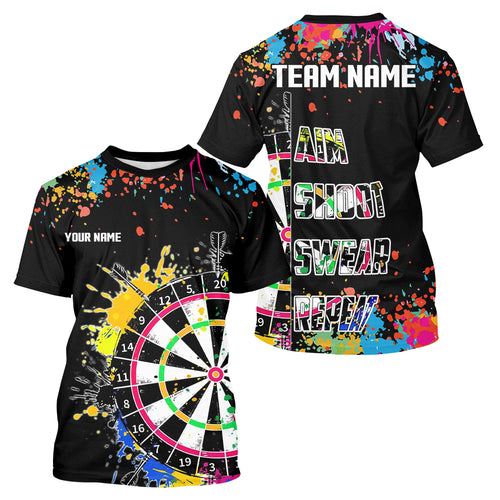 Funny Colorful Paint Aim Shoot Swear Repeat Darts T Shirts For Men Custom Darts Team Jersey |Black TDM2778