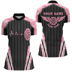 Pink Camo Dartboard Pulse Heartbeat Custom Women Dart Shirts, Funny Wings Cool Dart Team Jerseys TDM2787