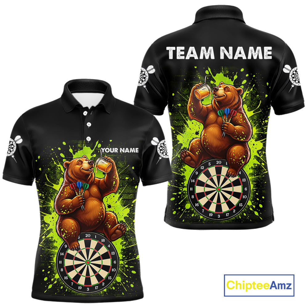 Personalized Funny Bear Darts Shirts For Men Custom Black And Green Splatter Darts Team Jersey TDM7927