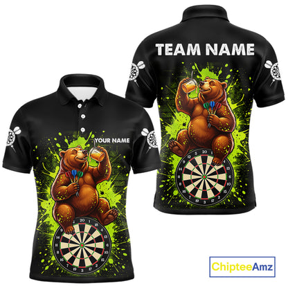 Personalized Funny Bear Darts Shirts For Men Custom Black And Green Splatter Darts Team Jersey TDM7927