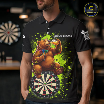 Personalized Funny Bear Darts Shirts For Men Custom Black And Green Splatter Darts Team Jersey TDM7927