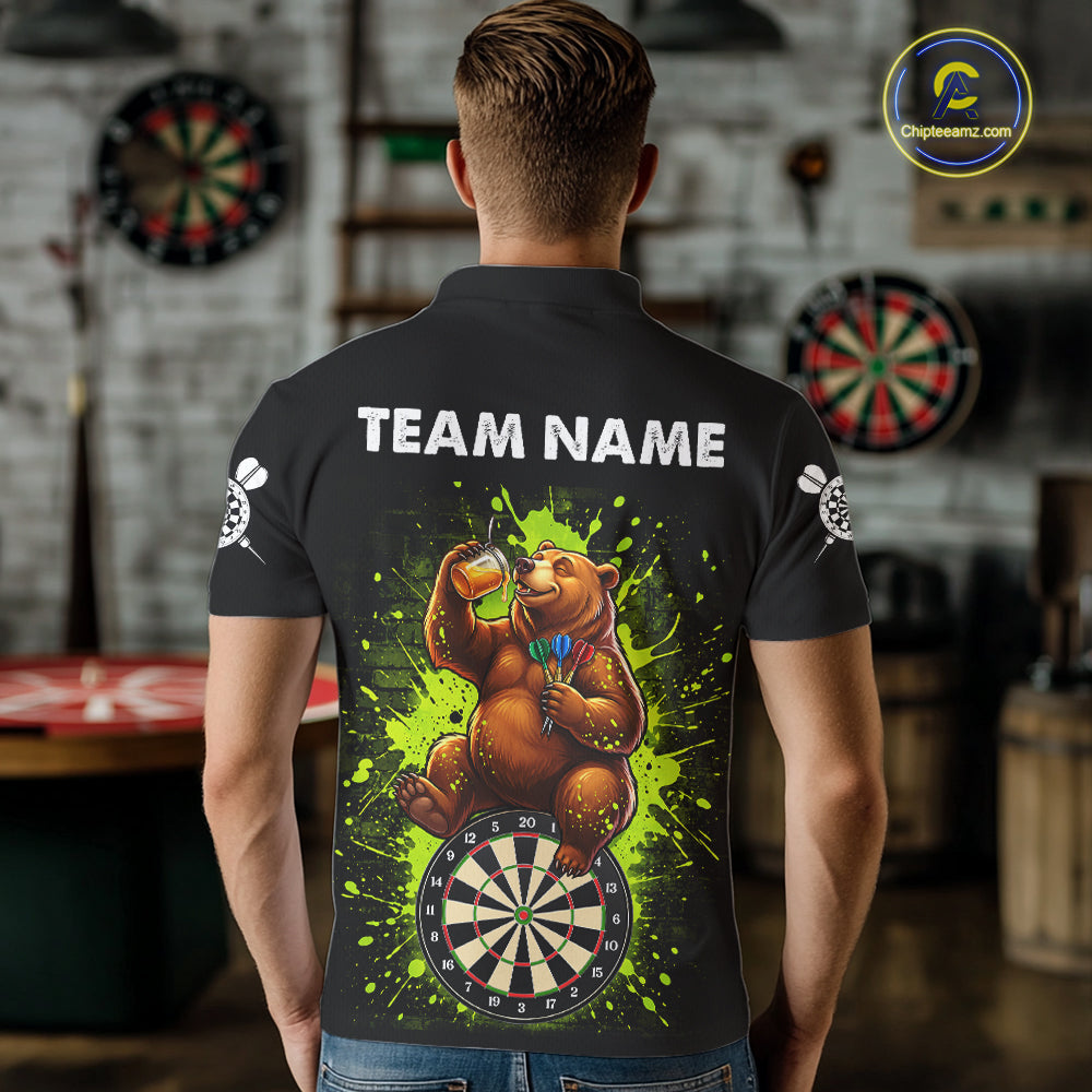 Personalized Funny Bear Darts Shirts For Men Custom Black And Green Splatter Darts Team Jersey TDM7927