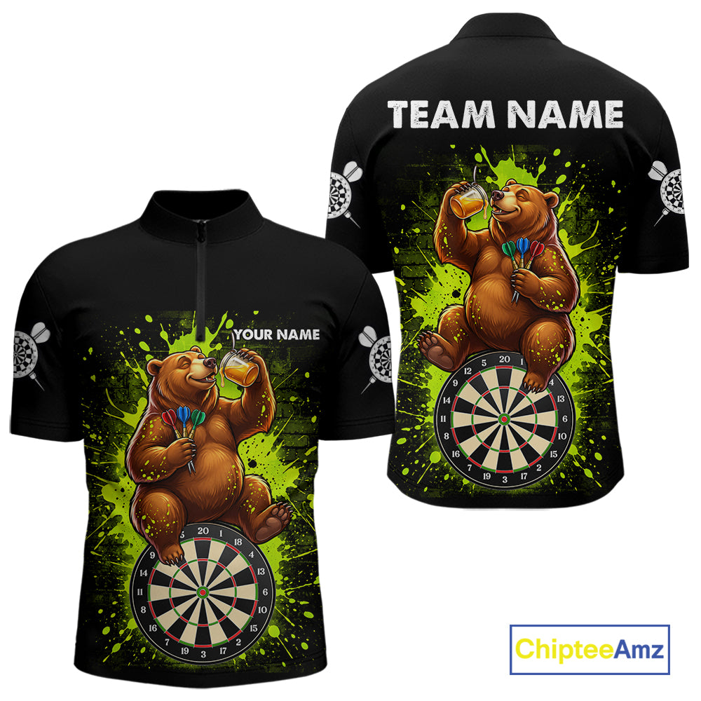Personalized Funny Bear Darts Shirts For Men Custom Black And Green Splatter Darts Team Jersey TDM7927