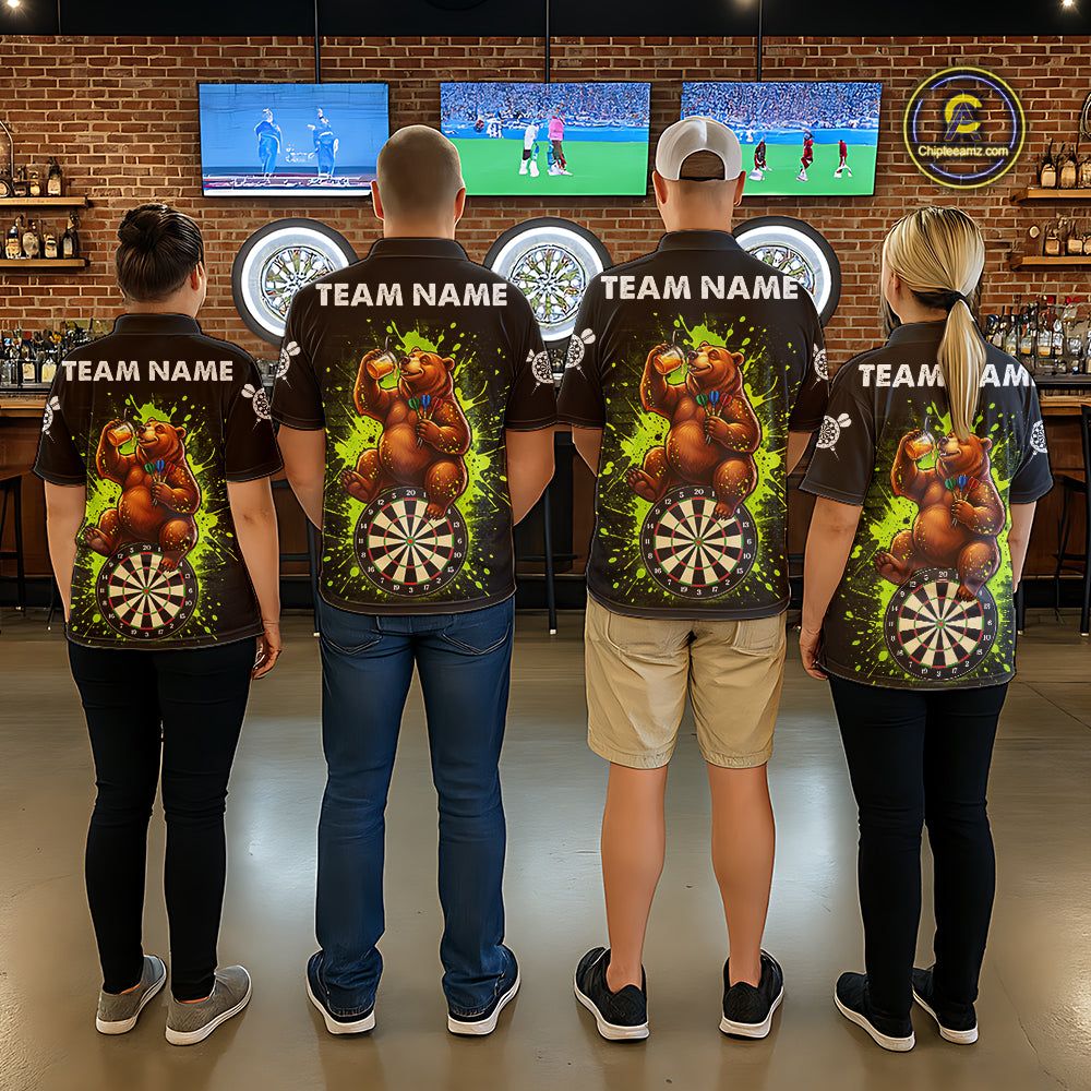 Personalized Funny Bear Darts Shirts For Men Custom Black And Green Splatter Darts Team Jersey TDM7927