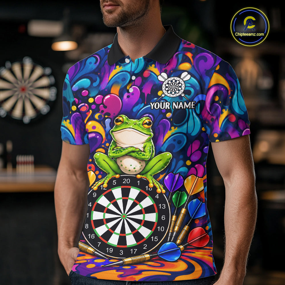 Personalized Colorful Funny Frog Darts Shirts For Men Custom Darts Team Jersey Polo & 1/4 Zip TDM7930