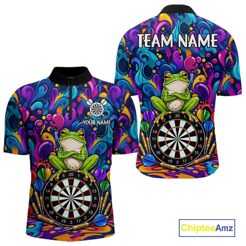 Personalized Colorful Funny Frog Darts Shirts For Men Custom Darts Team Jersey Polo & 1/4 Zip TDM7930