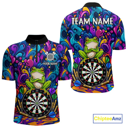Personalized Colorful Funny Frog Darts Shirts For Men Custom Darts Team Jersey Polo & 1/4 Zip TDM7930