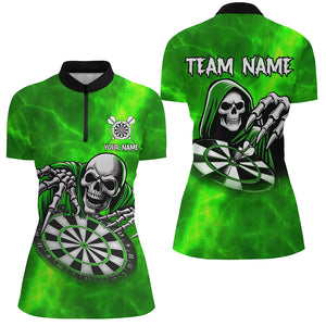 Death Skeleton Custom Green Dart Shirts For Women, Personalized Name 3D Skull Dart Team Jerseys TDM3020