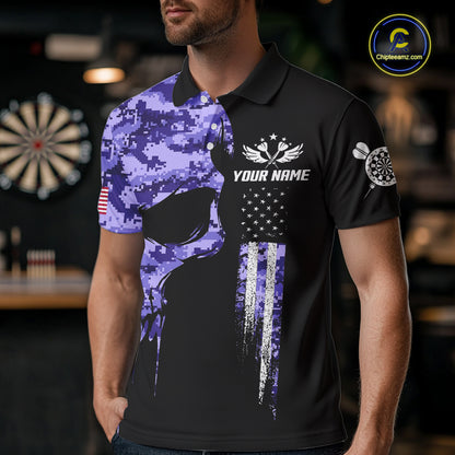 Purple Camouflage Skull Darts Shirt For Men Custom Patriotic US Flag Darts Jersey Polo & 1/4 Zip TDM5250