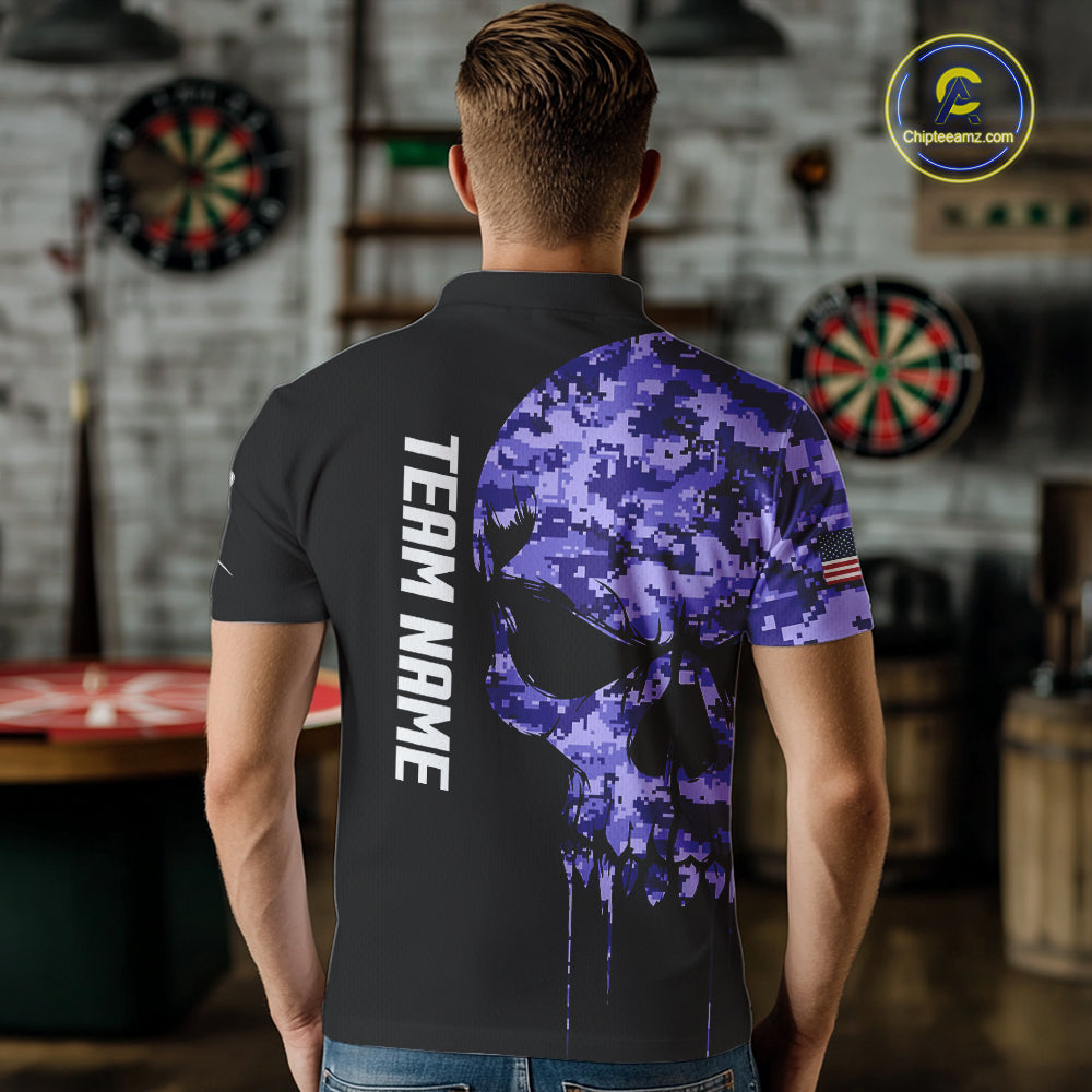 Purple Camouflage Skull Darts Shirt For Men Custom Patriotic US Flag Darts Jersey Polo & 1/4 Zip TDM5250