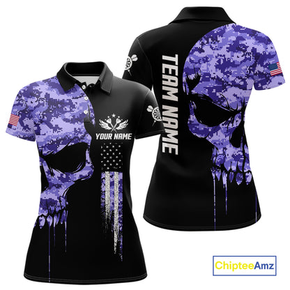Purple Camouflage Skull Darts Shirt For Women Custom Patriotic US Flag Darts Jersey Polo & 1/4 Zip TDM5250