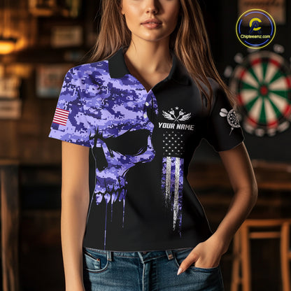 Purple Camouflage Skull Darts Shirt For Women Custom Patriotic US Flag Darts Jersey Polo & 1/4 Zip TDM5250