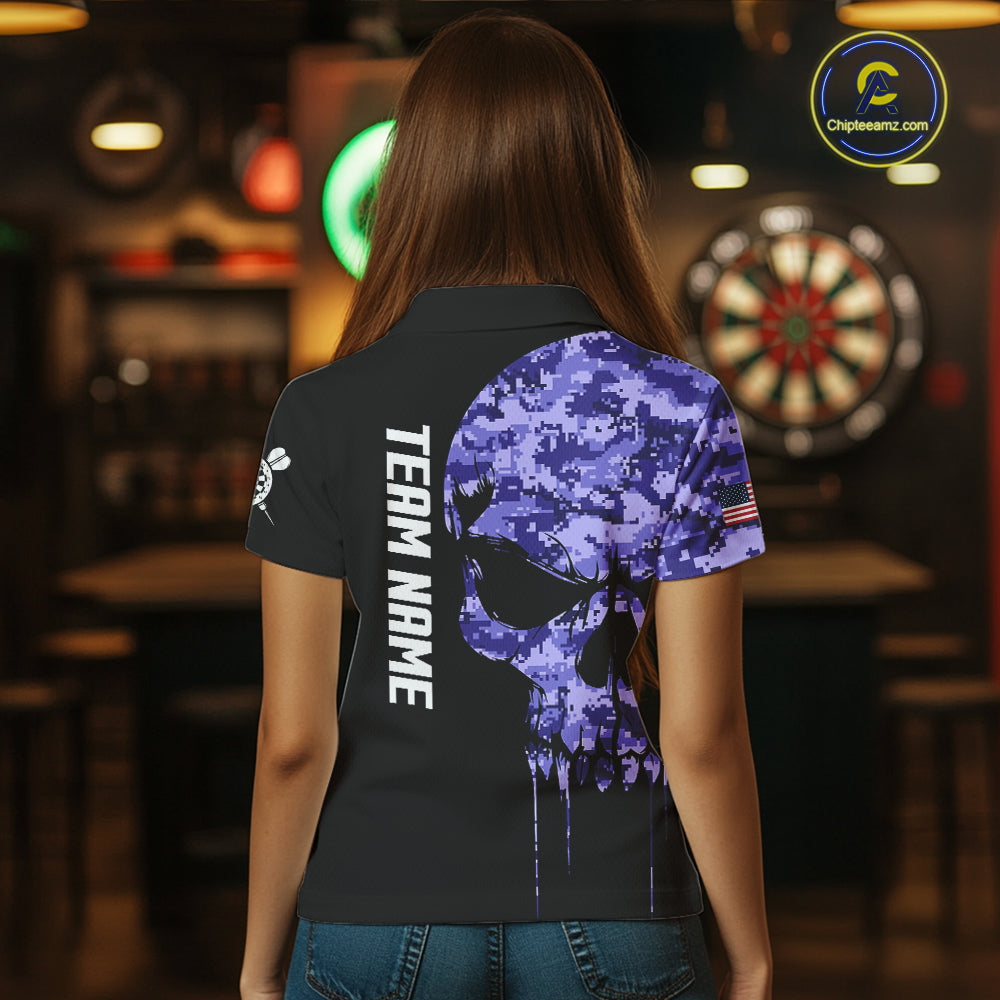 Purple Camouflage Skull Darts Shirt For Women Custom Patriotic US Flag Darts Jersey Polo & 1/4 Zip TDM5250