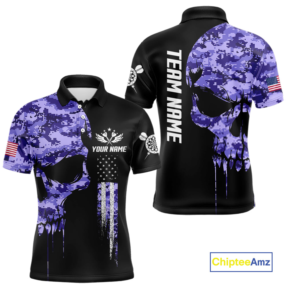 Purple Camouflage Skull Darts Shirt For Men Custom Patriotic US Flag Darts Jersey Polo & 1/4 Zip TDM5250