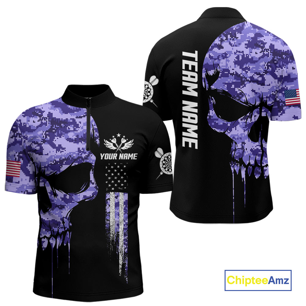Purple Camouflage Skull Darts Shirt For Men Custom Patriotic US Flag Darts Jersey Polo & 1/4 Zip TDM5250