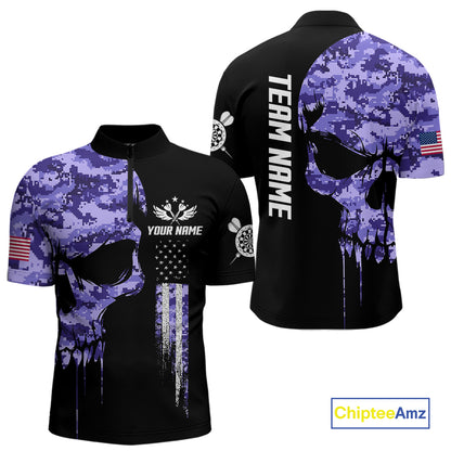 Purple Camouflage Skull Darts Shirt For Men Custom Patriotic US Flag Darts Jersey Polo & 1/4 Zip TDM5250