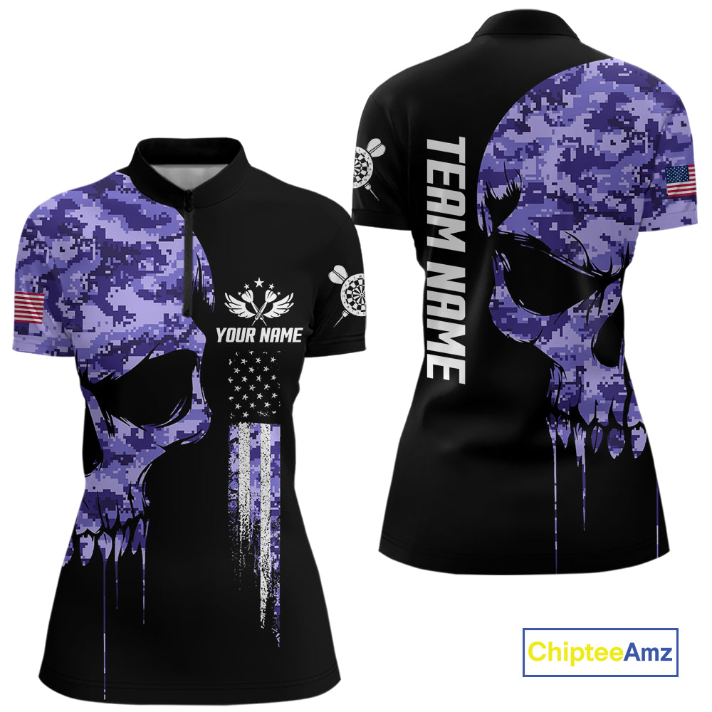 Purple Camouflage Skull Darts Shirt For Women Custom Patriotic US Flag Darts Jersey Polo & 1/4 Zip TDM5250