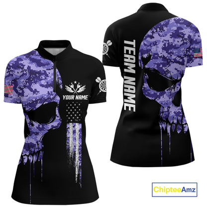 Purple Camouflage Skull Darts Shirt For Women Custom Patriotic US Flag Darts Jersey Polo & 1/4 Zip TDM5250