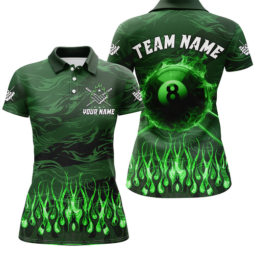 Personalized Green Flaming 8 Ball Pool Fire Billiard Shirts For Women Team League Billiard Jersey TDM3254