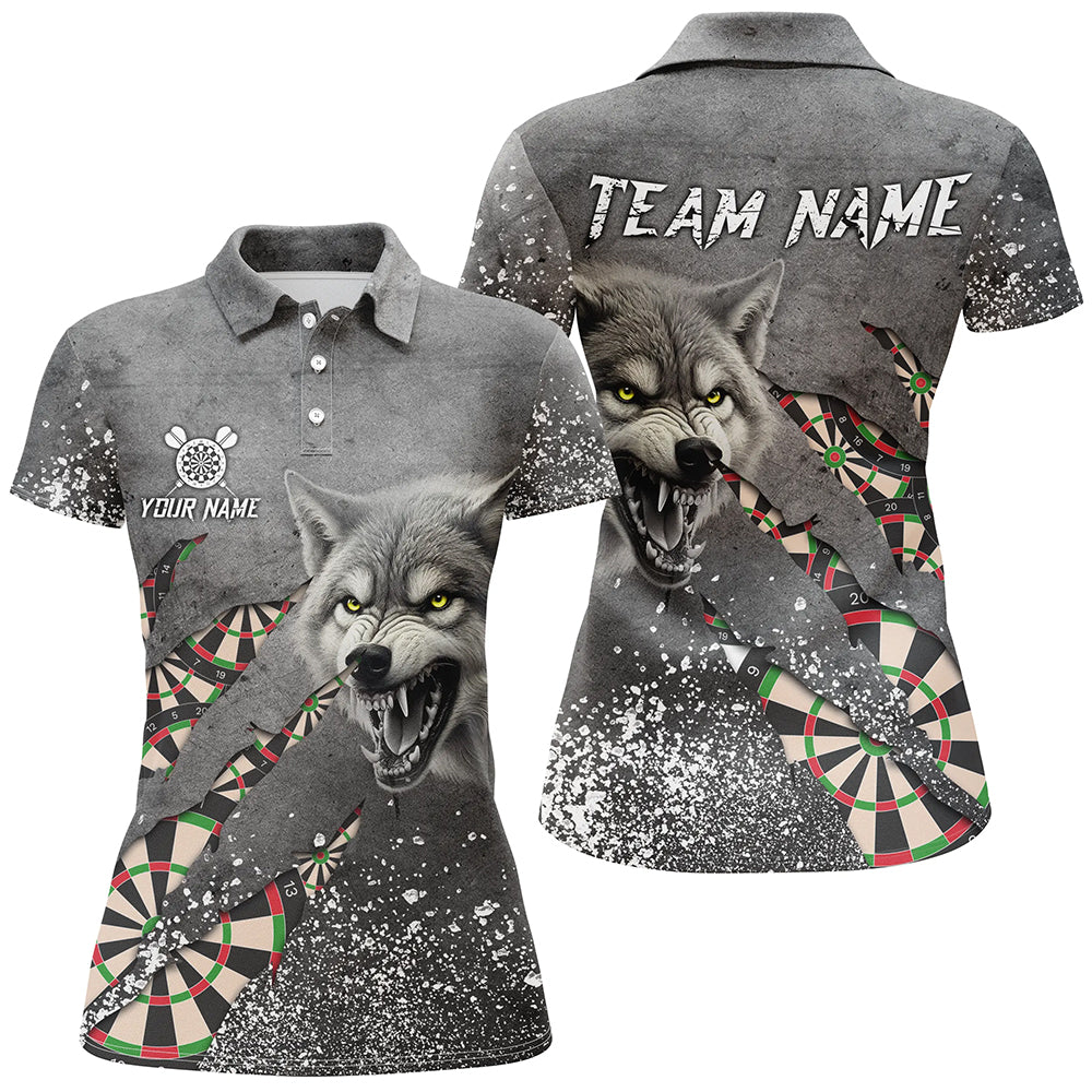 Personalized Grey Grunge Wolf Dart Shirts For Women, Darts League Team Shirts Cool Dart Jerseys TDM3317