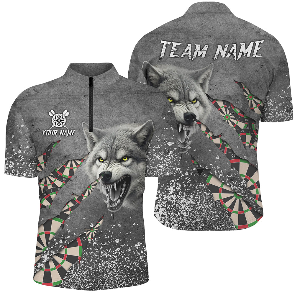 Personalized Grey Grunge Wolf Dart Shirts For Men, Darts League Team Shirts Cool Dart Jerseys TDM3317