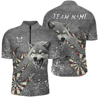 Personalized Grey Grunge Wolf Dart Shirts For Men, Darts League Team Shirts Cool Dart Jerseys TDM3317