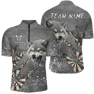 Personalized Grey Grunge Wolf Dart Shirts For Men, Darts League Team Shirts Cool Dart Jerseys TDM3317