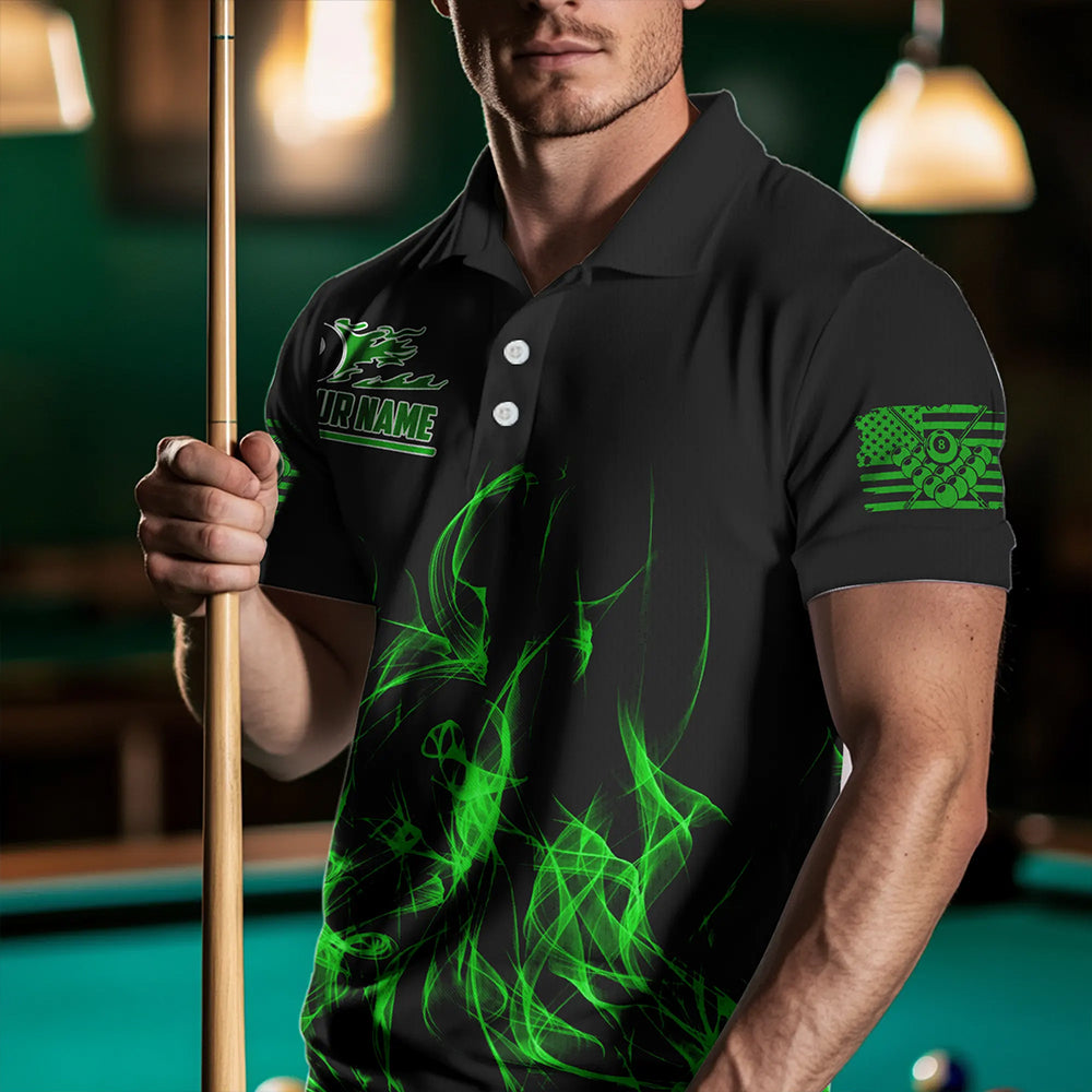 3D Green Flaming American Flag Men Billiard Shirt Custom Patriotic Pool Player Billiard Jersey TDM3452