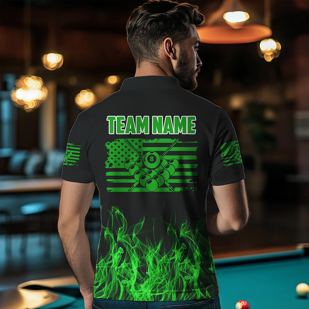 3D Green Flaming American Flag Men Billiard Shirt Custom Patriotic Pool Player Billiard Jersey TDM3452