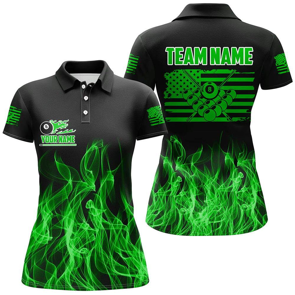 3D Green Flaming American Flag Women Billiard Shirt Custom Patriotic Pool Player Billiard Jersey TDM3452