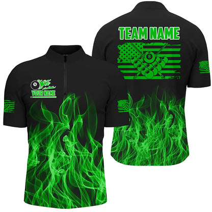 3D Green Flaming American Flag Men Billiard Shirt Custom Patriotic Pool Player Billiard Jersey TDM3452