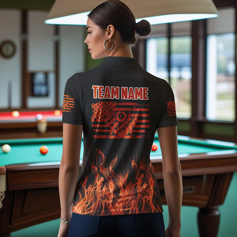 3D Orange Flaming American Flag Women Billiard Shirt Custom Patriotic Pool Player Billiard Jersey TDM3453