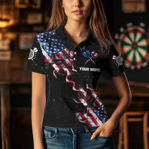 Customized Grunge US Flag Smoke Darts Polo & Quarter-Zip Shirts, Patriotic Darts Jerseys For Women TDM3455